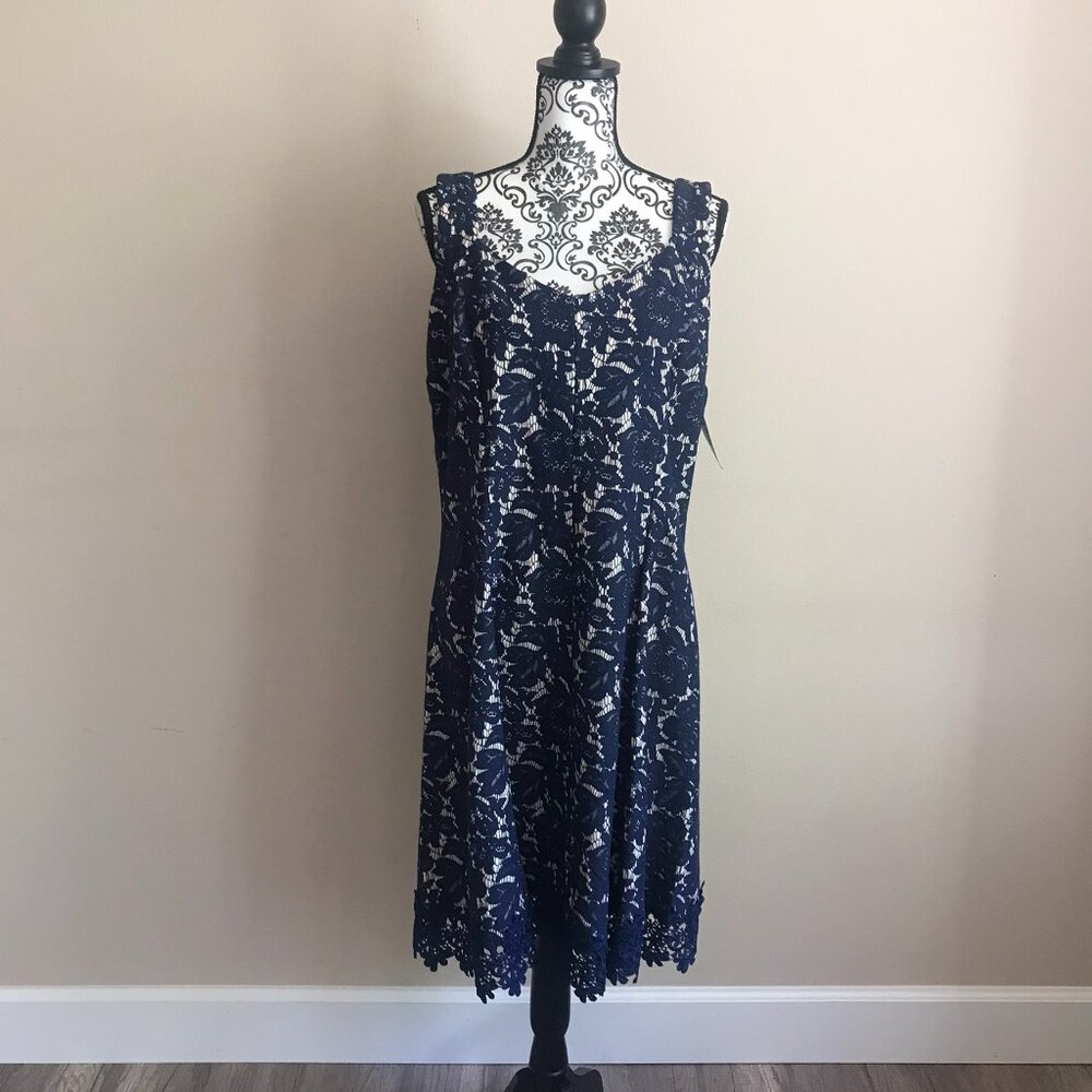 Dress Barn - Sleeveless Floral Lace Square Neck Fit n Flare - Navy Blue